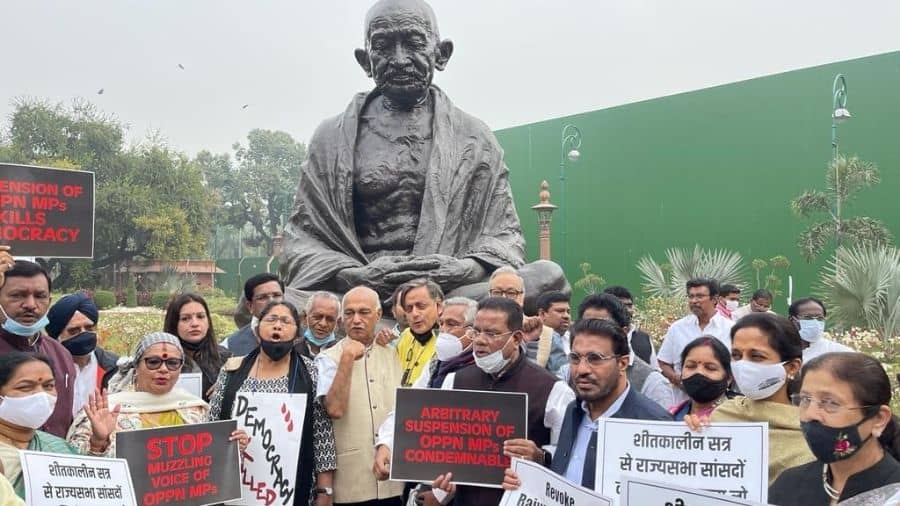 Winter Session Protest: INDIA Bloc Lawmakers Rally at Gandhi Statue Over Mass Suspension in Parliament