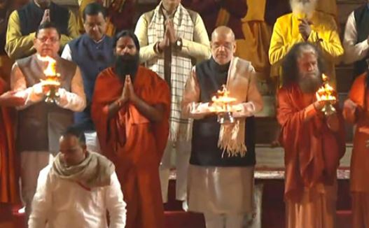 Union Home Minister Shah and Uttarakhand CM Dhami Participate in Ganga Aarti in Rishikesh