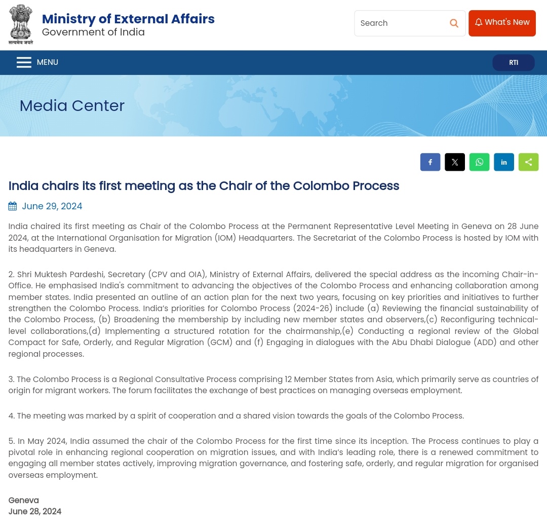 India as the chair of the Colombo Process