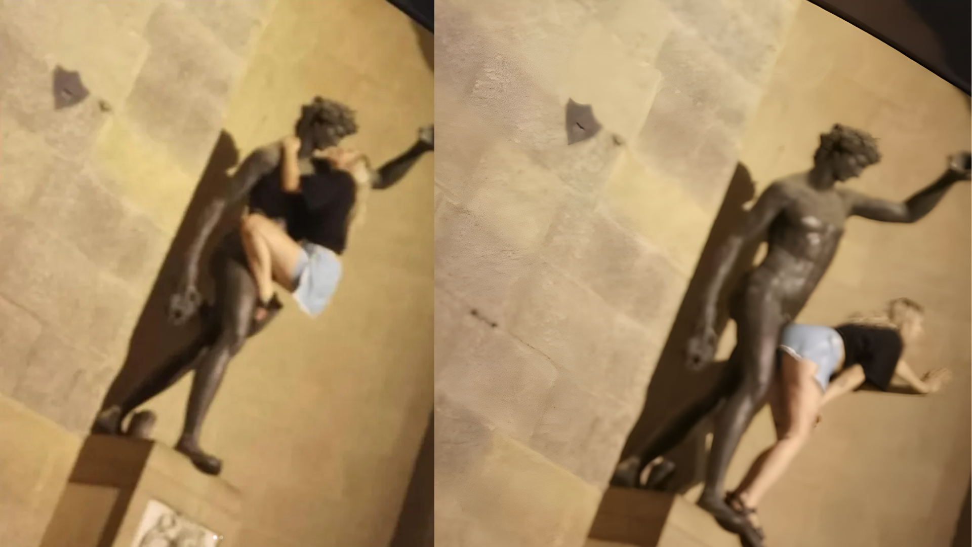 Woman Captured Mimicking Intimate Pose Against A Statue Of Bacchus In Florence