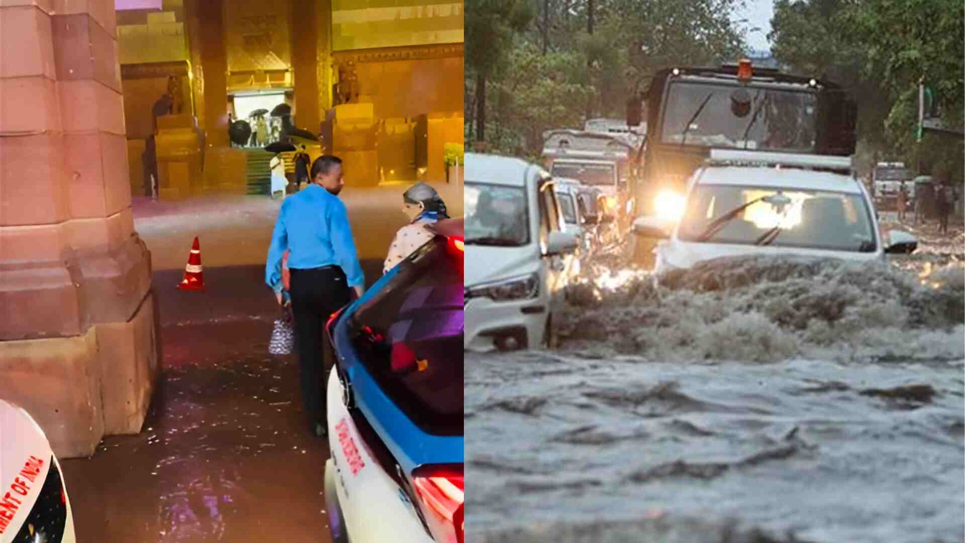 Heavy Rain Causes Waterlogging At New Parliament’s Makar Dwar: Delhi Issues Red Alert For Flooding