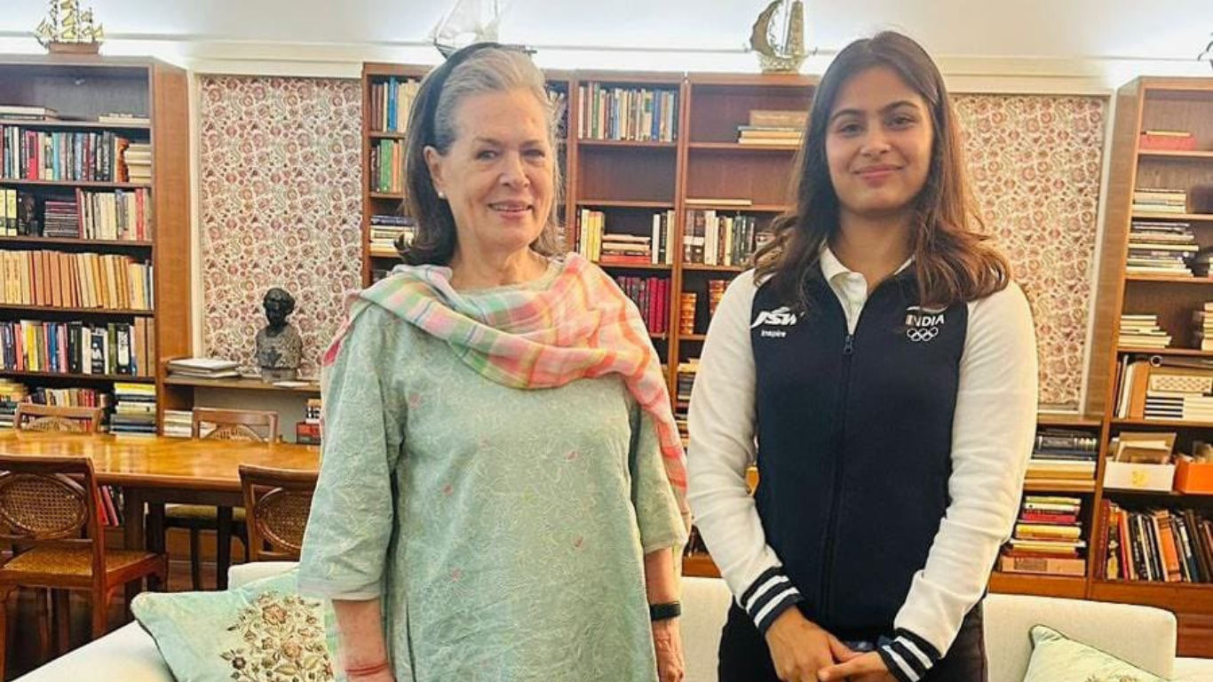 Star Shooter And Double Paris Olympic Medalist Manu Bhaker Meets Sonia Gandhi