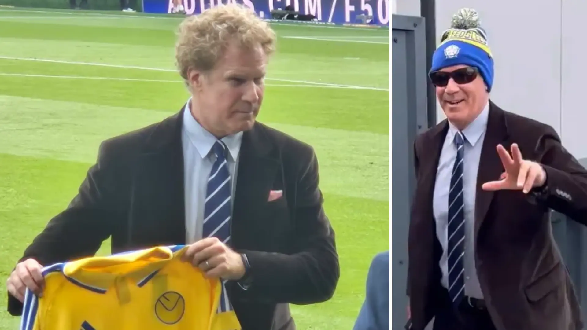 Will Ferrell Sports A Bobble Hat, Holds Up Team Shirt On The Pitch As He Attends Leeds United’s Championship Match