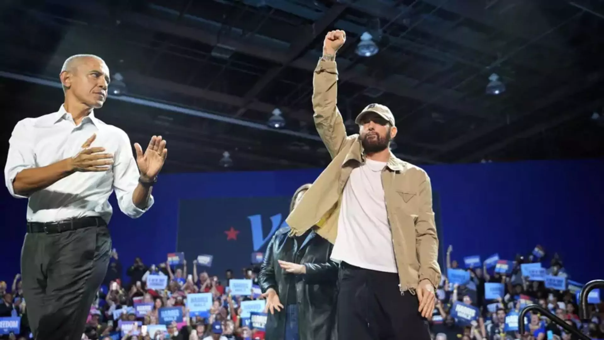 Eminem Joins Barack Obama at Detroit Rally for Kamala Harris, Urges Michiganders to Vote