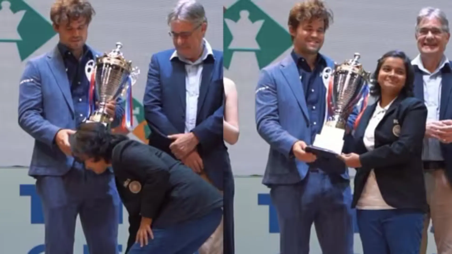 Magnus Carlsen Left Blushing As 20-Year-Old Indian Chess Player Touches World No.1’s Feet