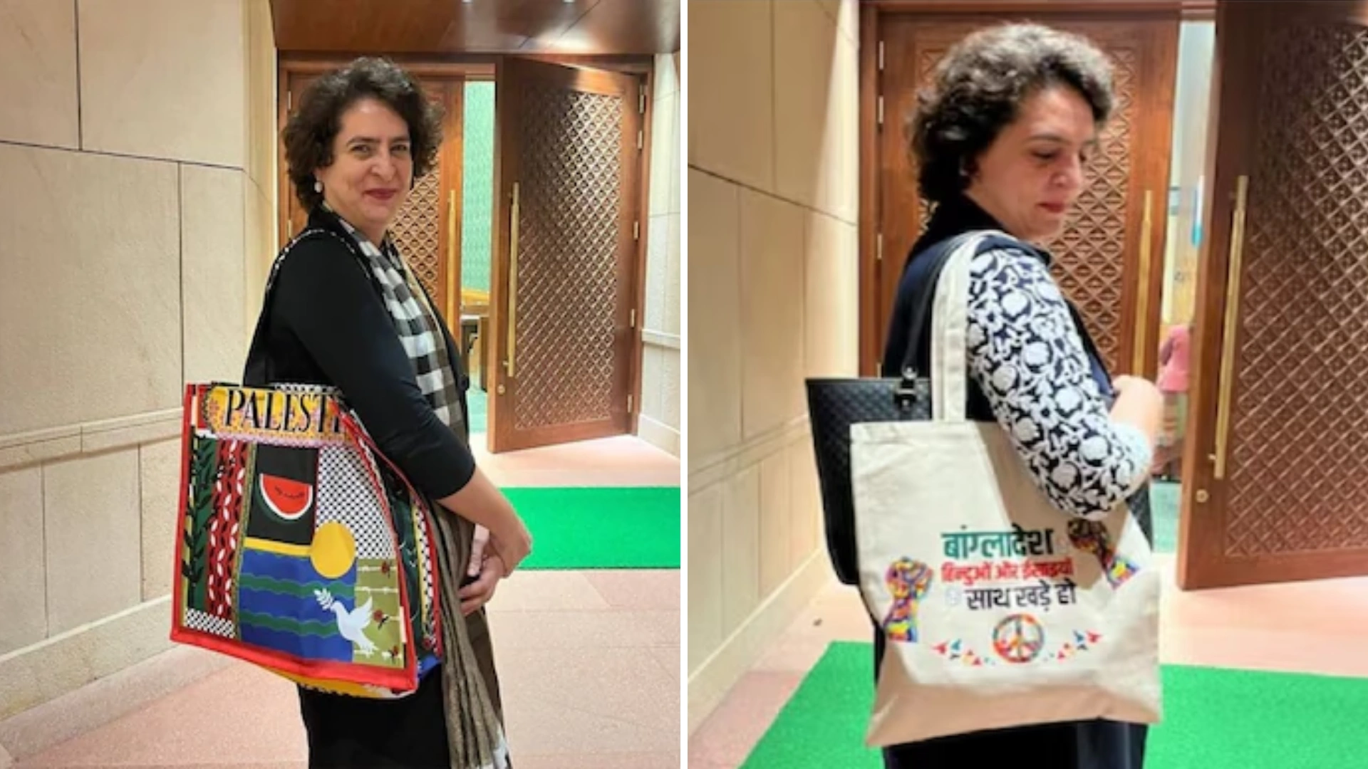 Priyanka Gandhi Arrives To Parliament With ‘Stand With Bangladesh Minorities’ Bag A Day After Palestine Row